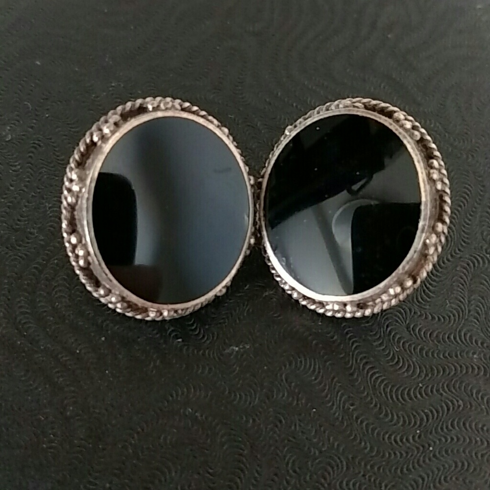 Sterling Silver Onyx Pierced Earrings 1" New!